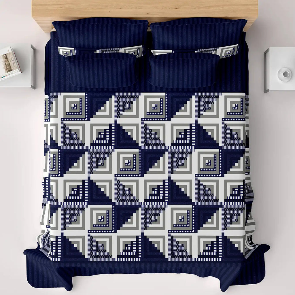 Royal Blue Geometric Squares & Triangles Sateen Bed Sheet Set