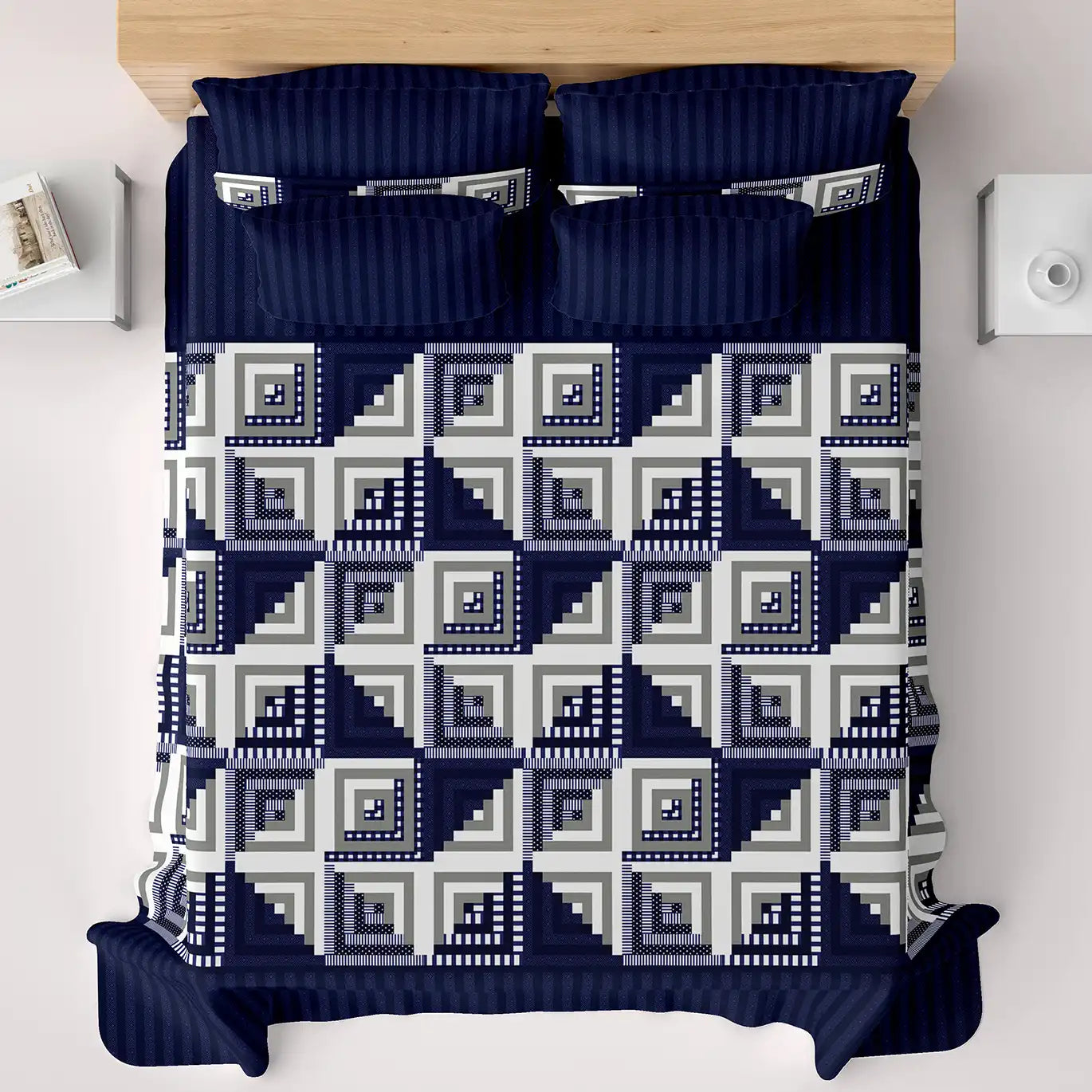 Royal Blue Geometric Squares & Triangles Sateen Bed Sheet Set - 6744