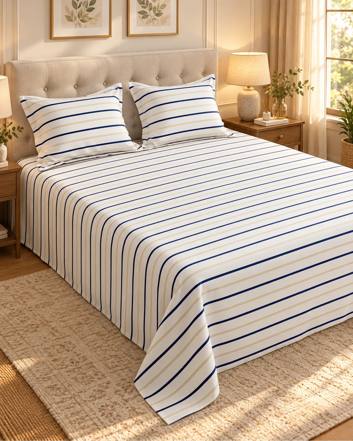 A neatly made bed in a warm, styled bedroom setting, featuring a white bed sheet and matching pillowcases with vertical navy blue stripes.