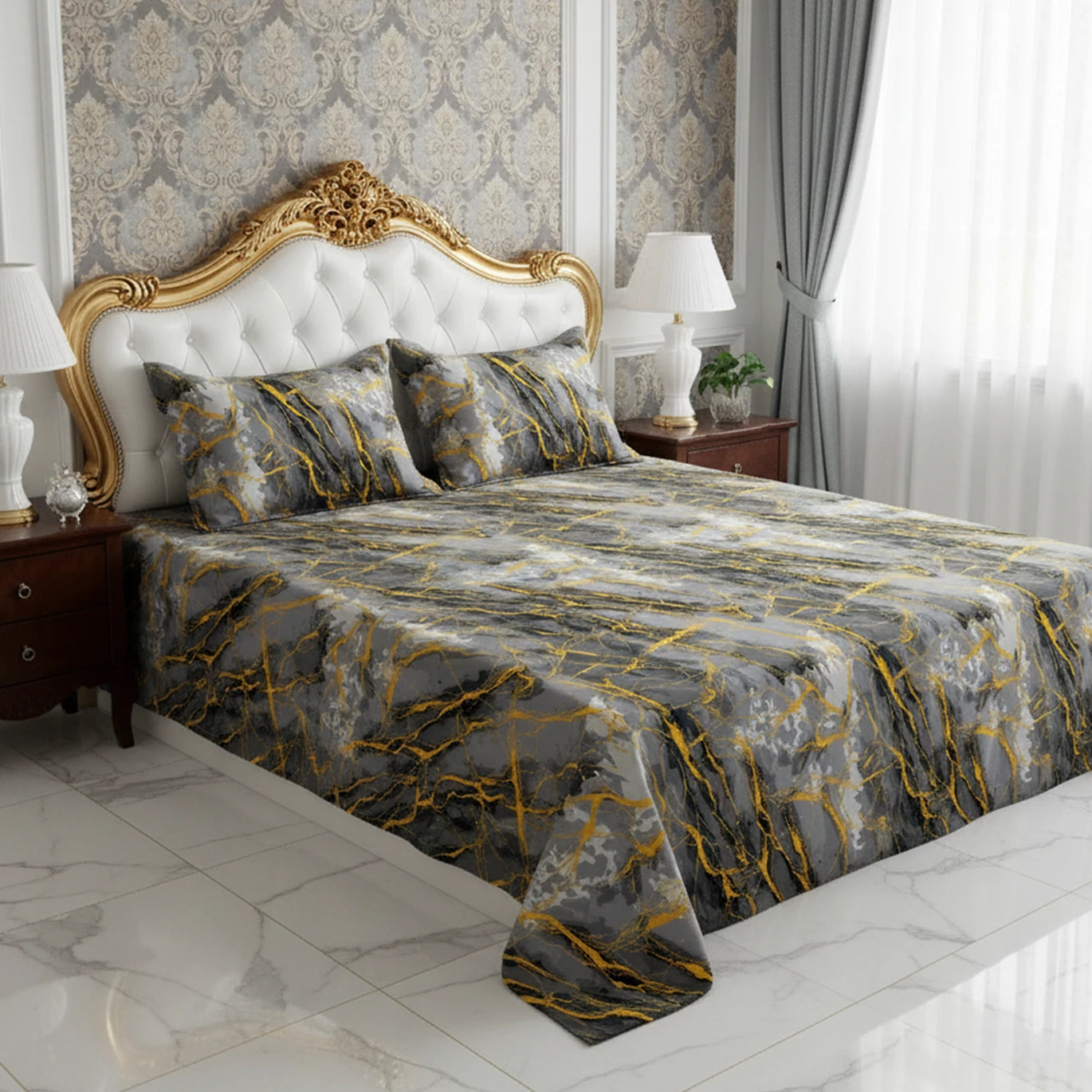 Sateen Bed Sheet Set - 8778 (Grey)