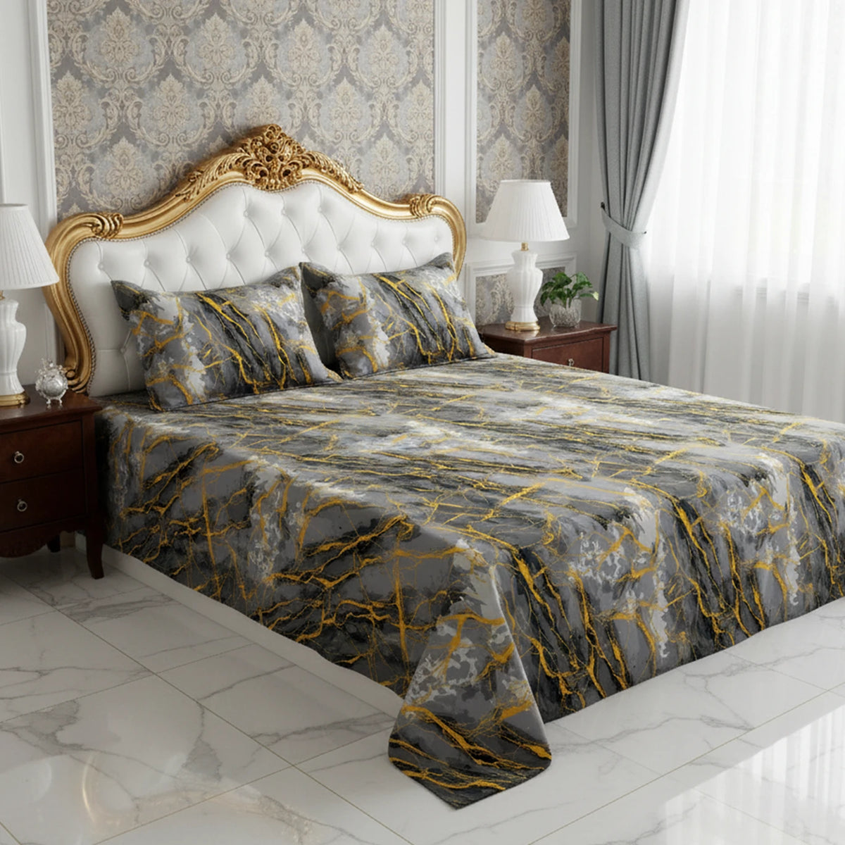 GREY MARBLE  Sateen Bed Sheet Set