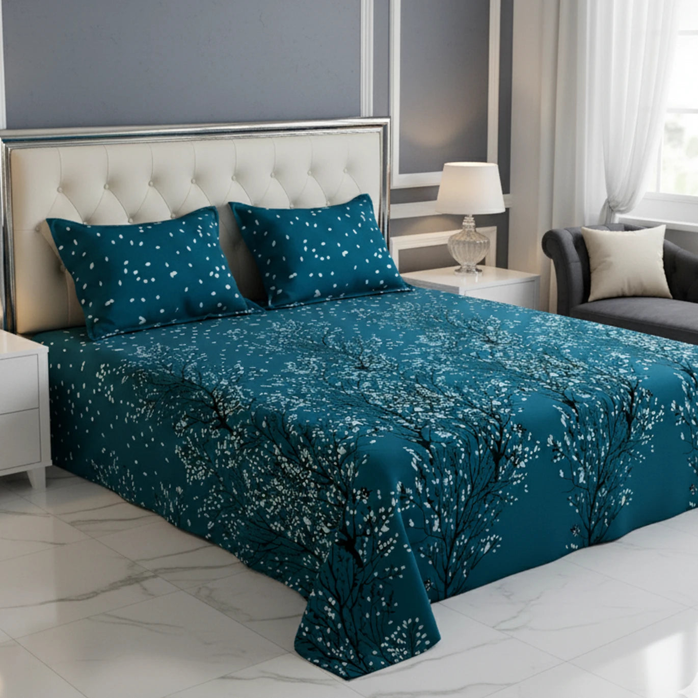 Sateen Bed Sheet Set - 8955  (Blue)