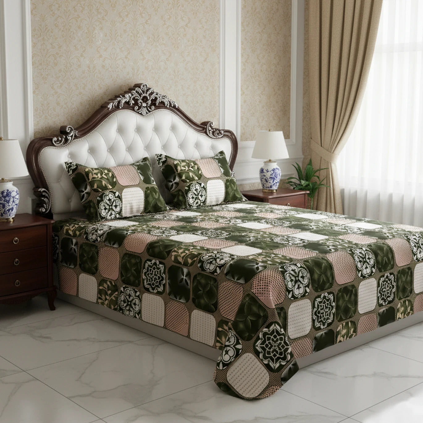 PATCHWORK GREEN SATEEN BED SHEET SET