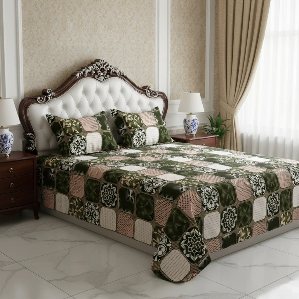 PATCHWORK GREEN SATEEN BED SHEET SET
