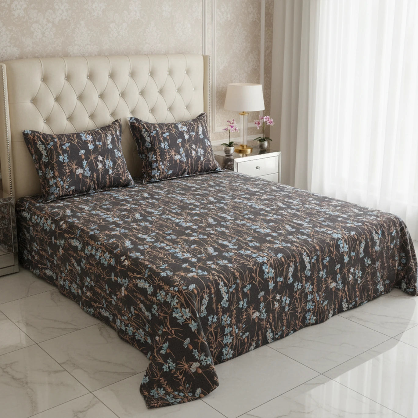 DARK FLORAL SATEEN BED SHEET