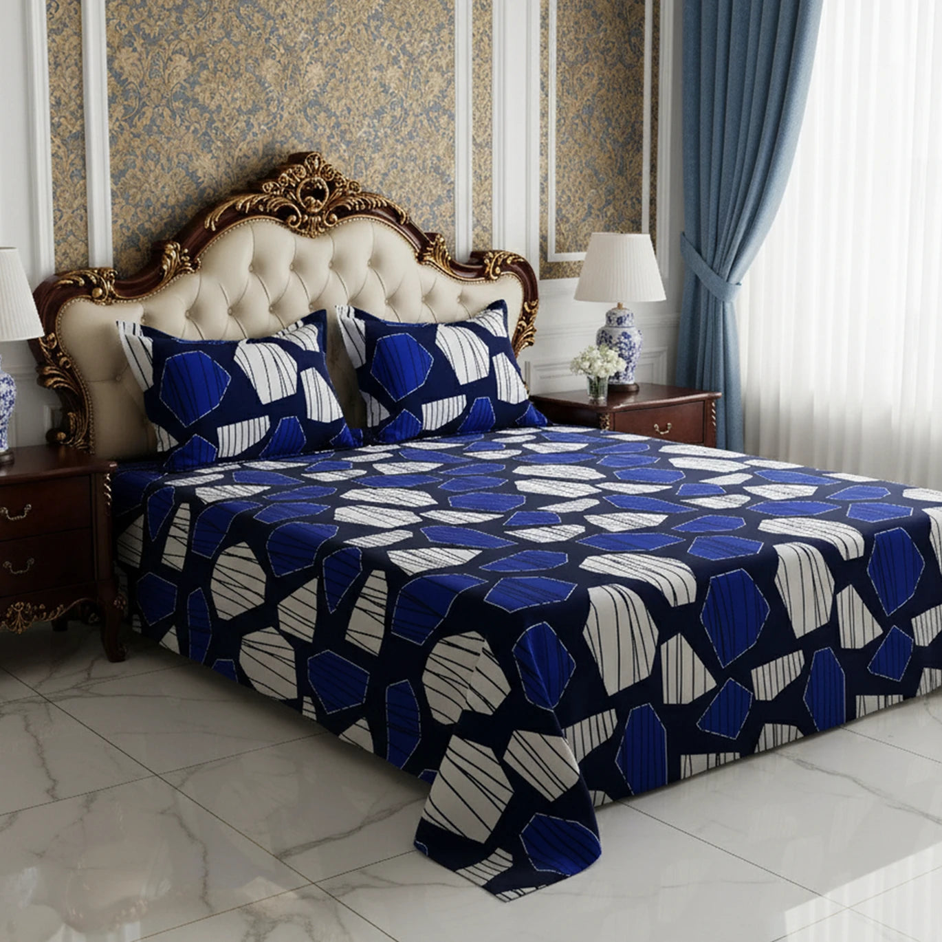 Sateen Bed Sheet Set - 9081 (Blue)