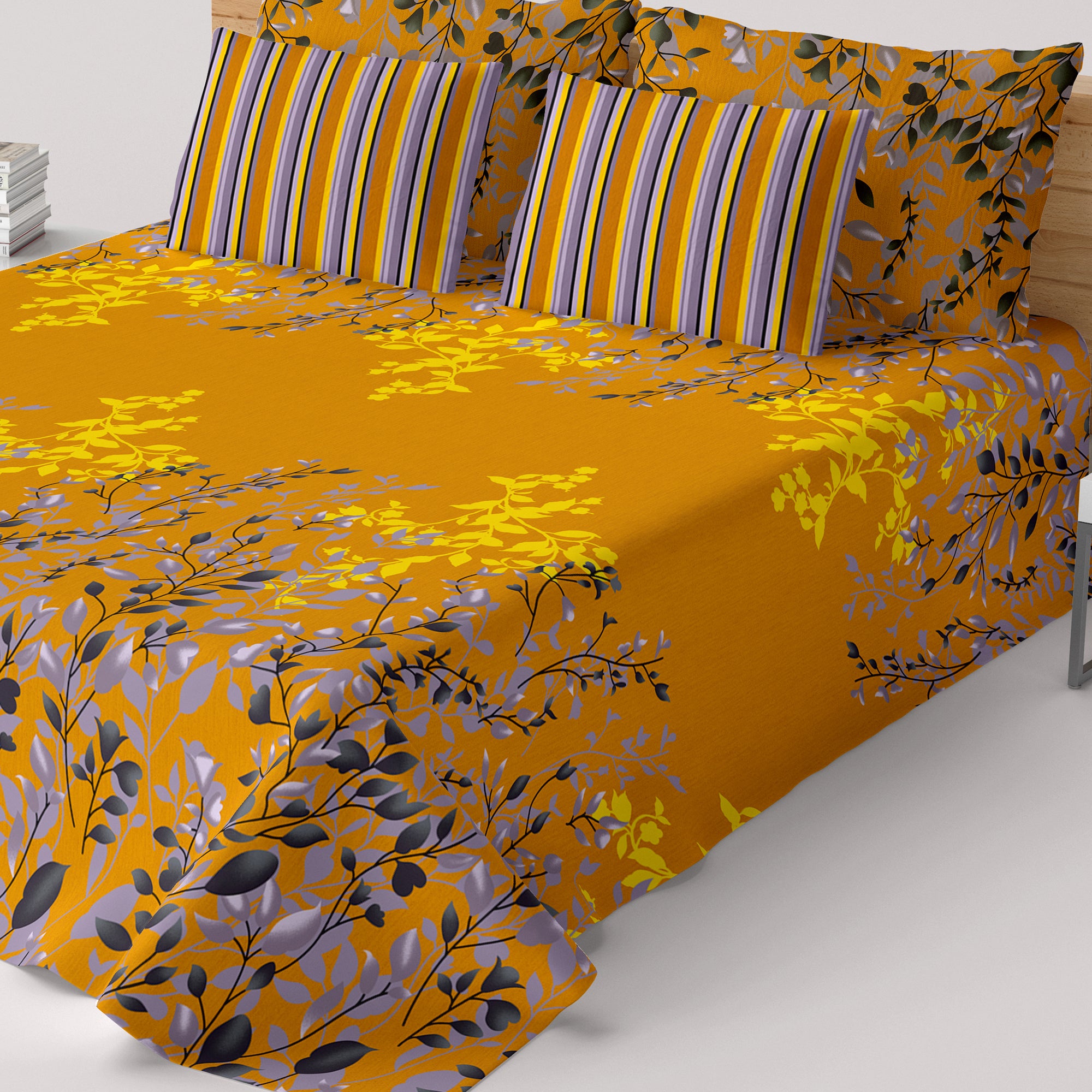 Sateen Yellow Leaf Design Bed Sheet Set - 6999