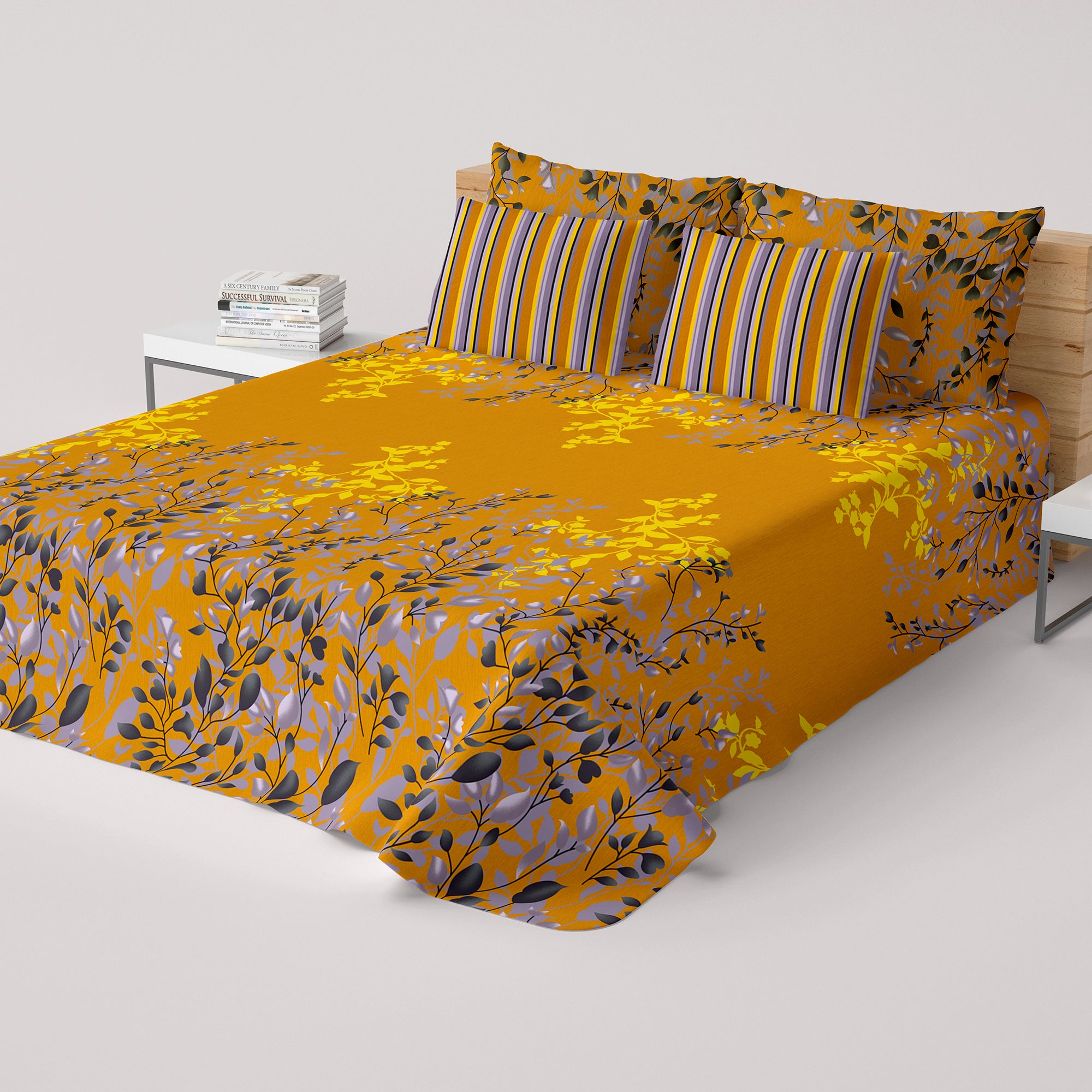 Sateen Yellow Leaf Design Bed Sheet Set - 6999