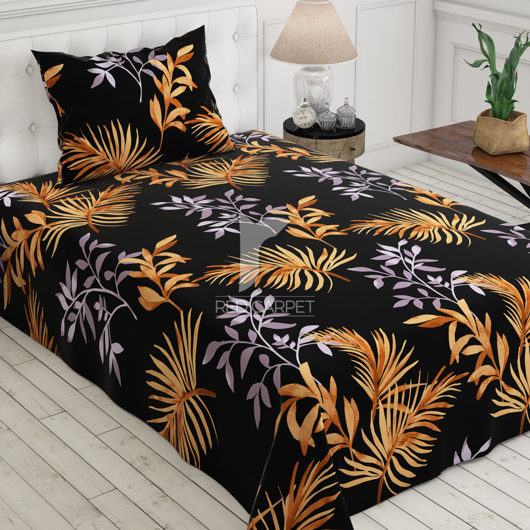 Black Leaves Sateen Bed Sheet Set - 6452(B)