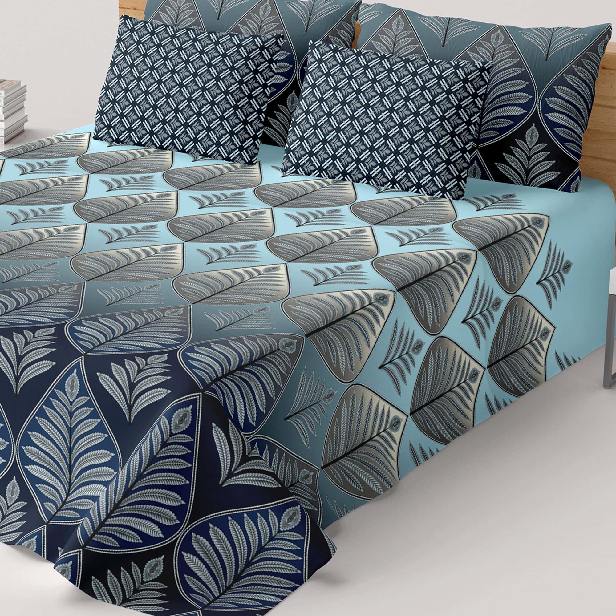 Blue Leaf Sateen Bed Sheet Set - 6935-6936