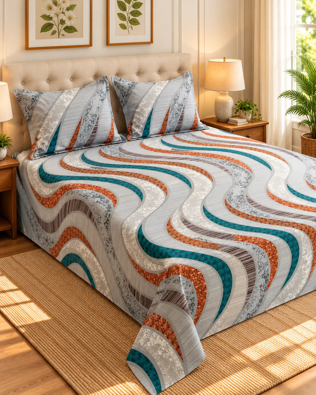 A bed dressed in a quilted bedding set with a wavy striped pattern in teal, rust orange, gray, and white, styled in a bright, modern bedroom with wooden nightstands, lamps, and a woven rug.