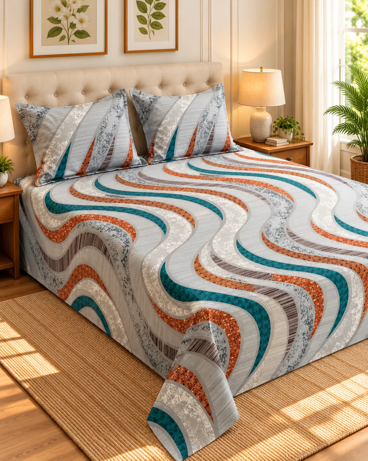 A bed dressed in a quilted bedding set with a wavy striped pattern in teal, rust orange, gray, and white, styled in a bright, modern bedroom with wooden nightstands, lamps, and a woven rug.
