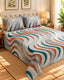 A bed dressed in a quilted bedding set with a wavy striped pattern in teal, rust orange, gray, and white, styled in a bright, modern bedroom with wooden nightstands, lamps, and a woven rug.