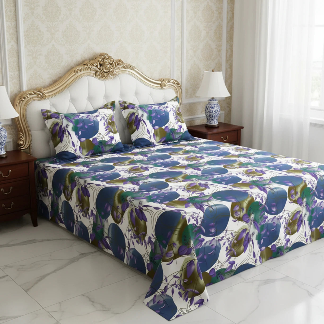 White Abstract Shapes Floral Sateen Bed Sheet Set - Sateen 8655