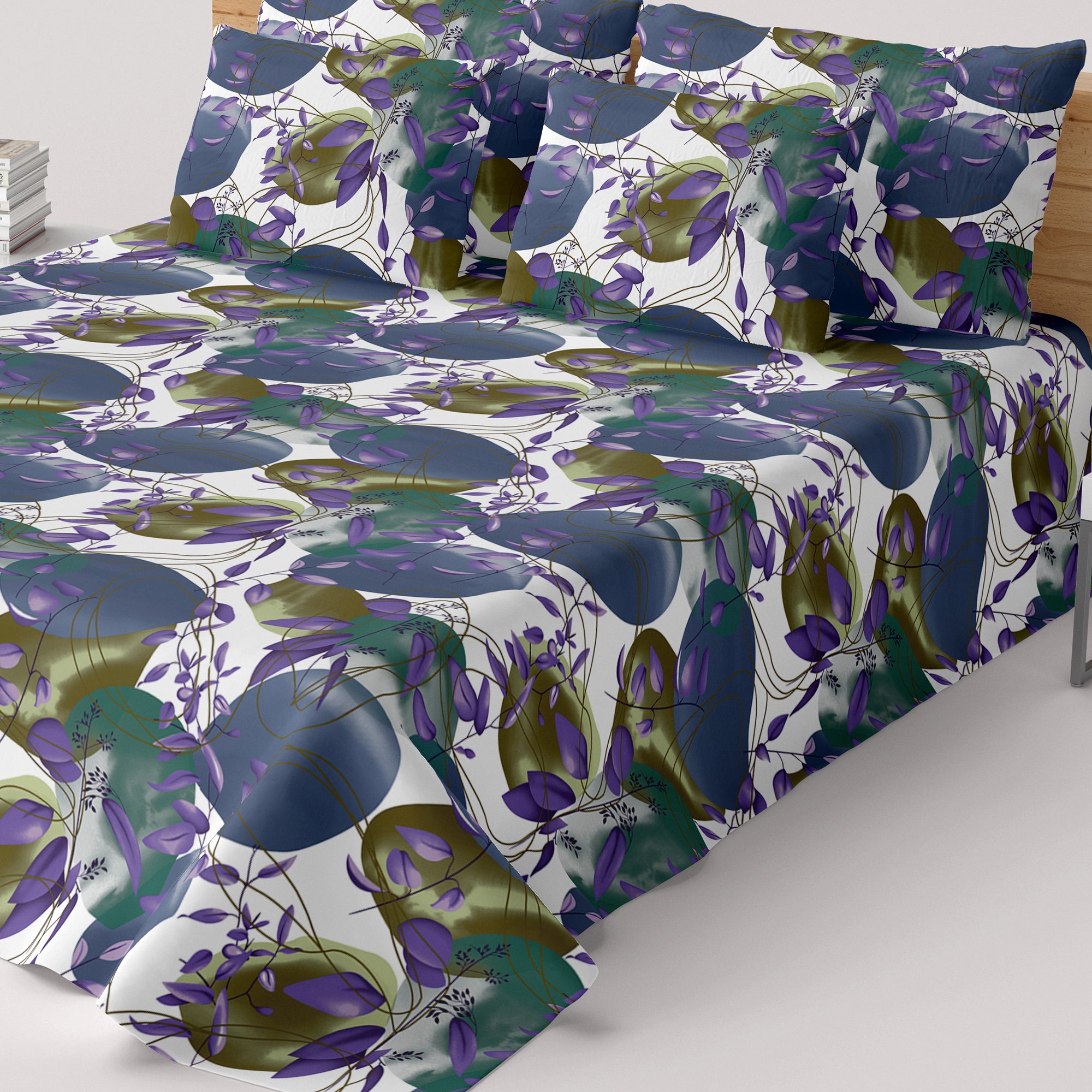 White Abstract Shapes Floral Sateen Bed Sheet Set - Sateen 8655