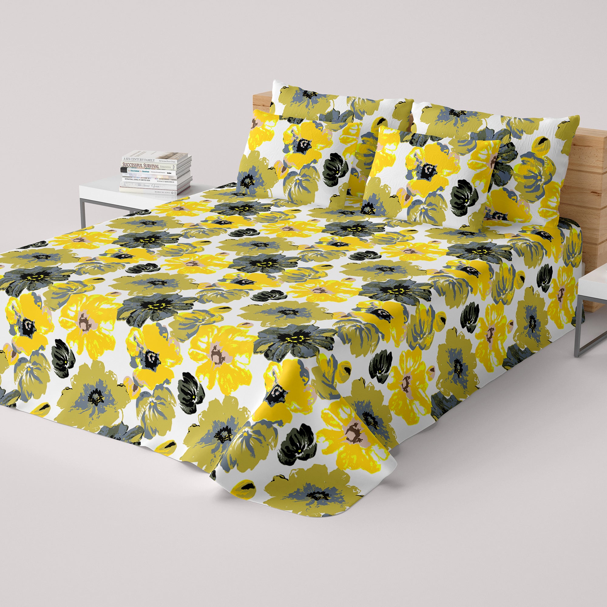 White and Yellow Floral Sateen Bed Sheet Set - 8315