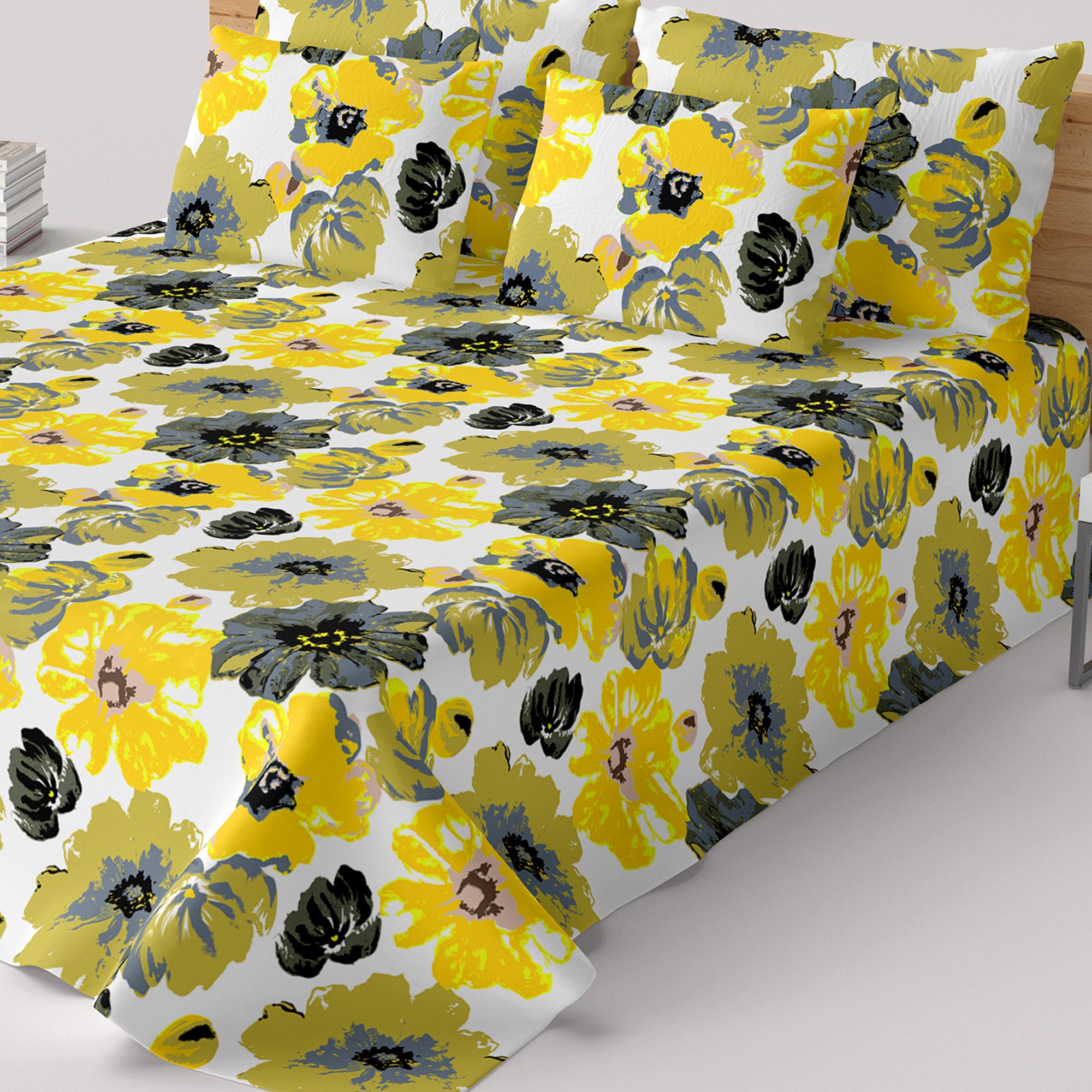 White and Yellow Floral Sateen Bed Sheet Set - 8315