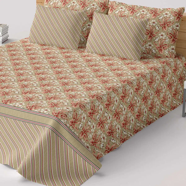 Xara Beige Cream Floral Stripes Bed Sheet Set