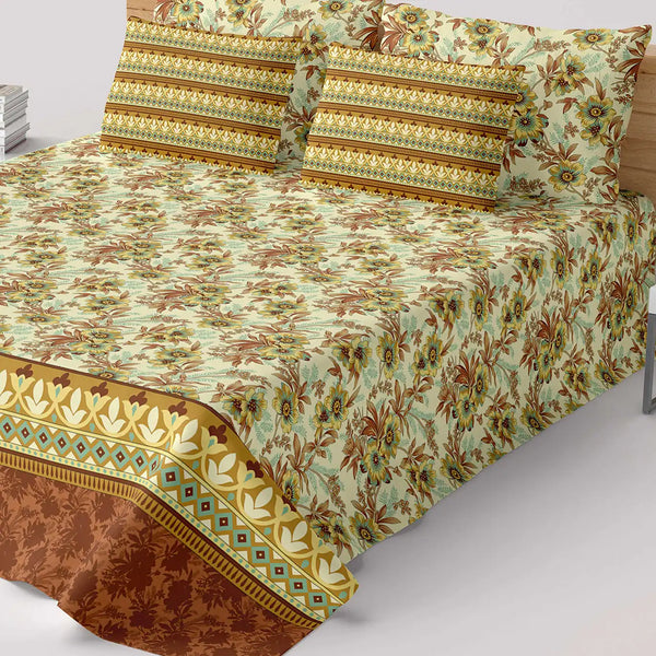 Xara Floral Striped Border Bed Sheet Set Cream