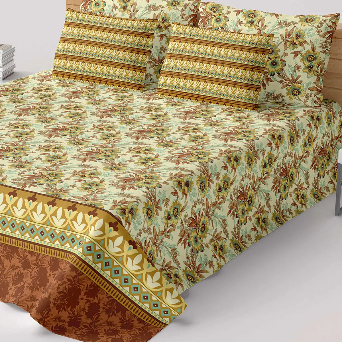 Xara Floral Striped Border Bed Sheet Set Cream