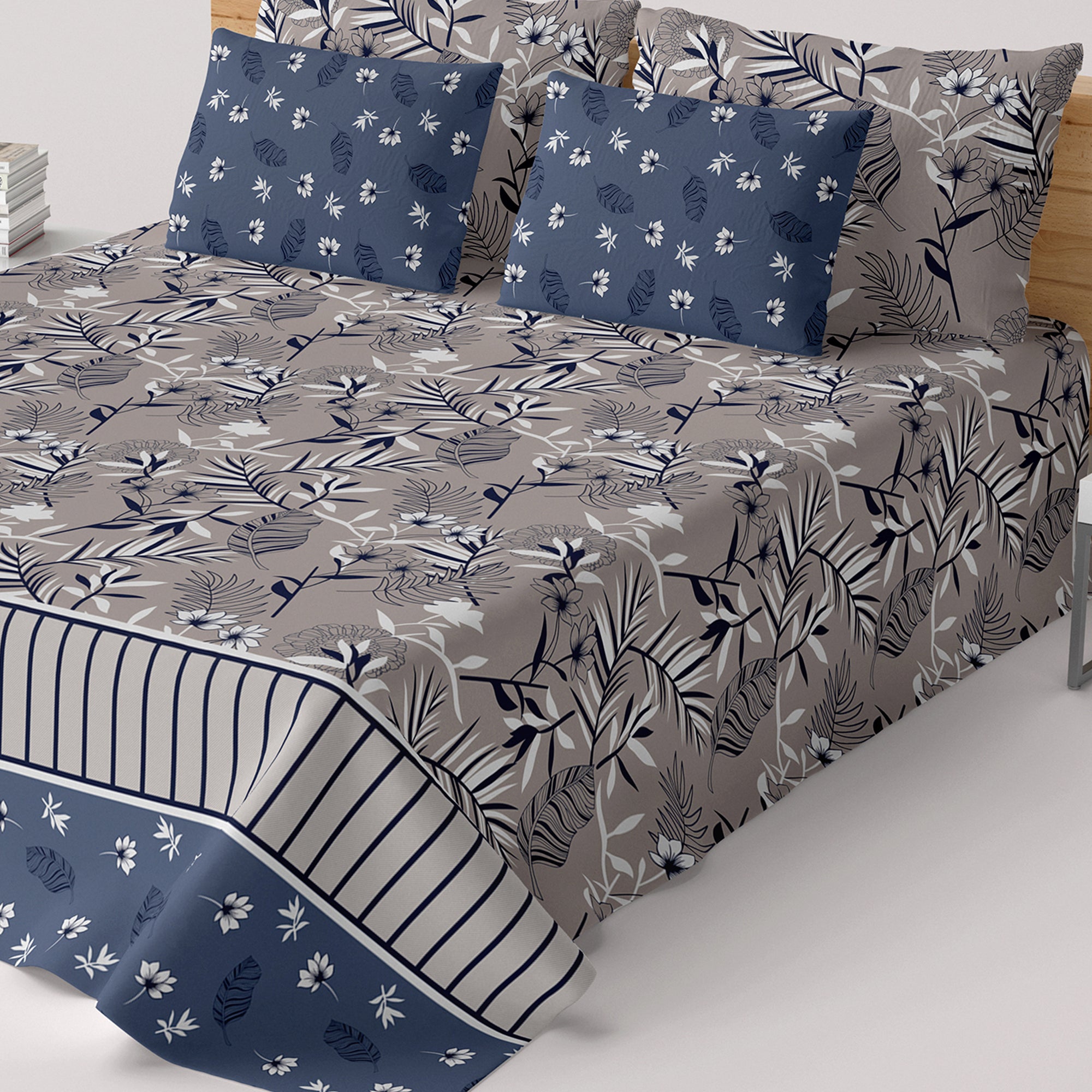 Xara Floral Stripes Bed Sheet Set Grey Blue - 8015-8016