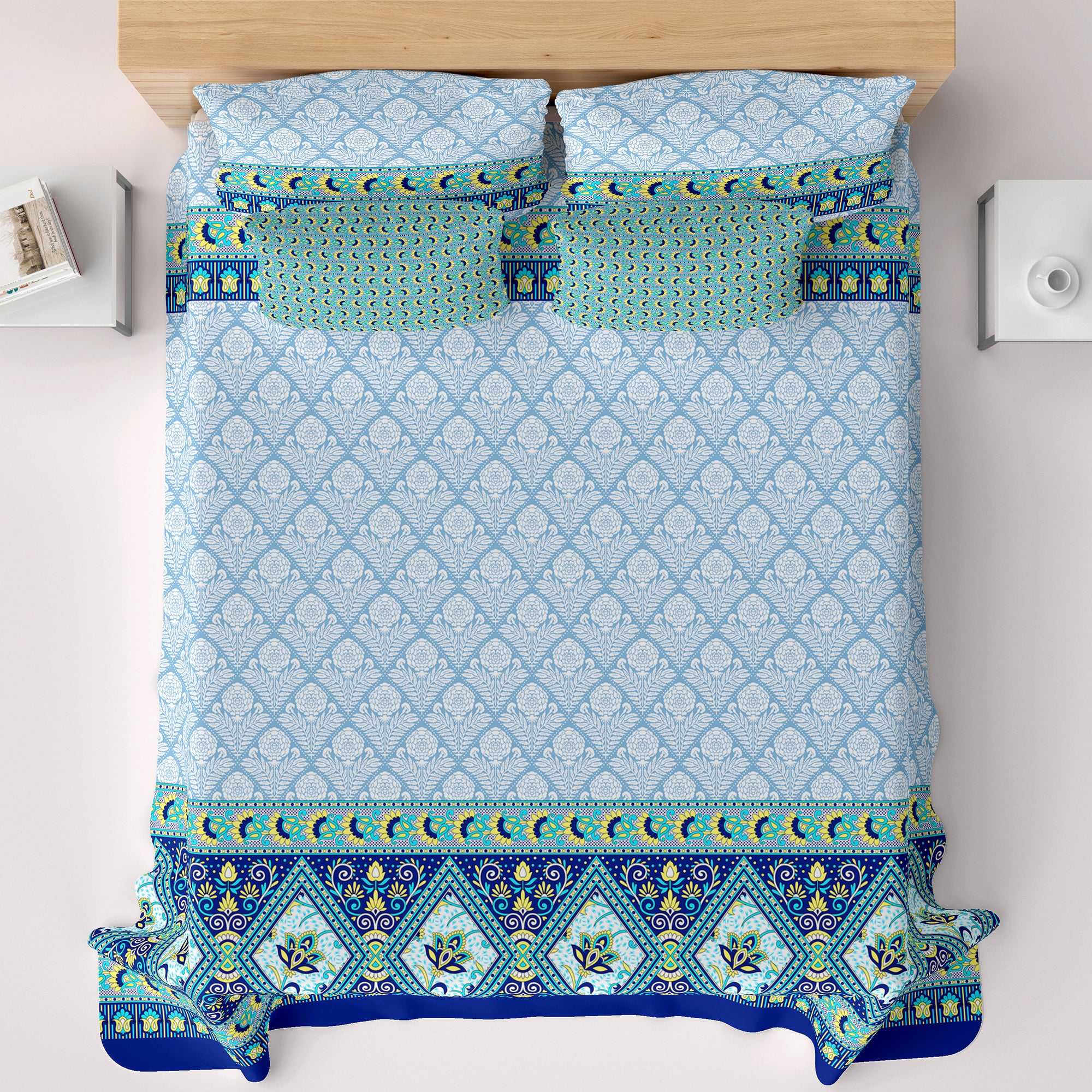 Xara Light Blue Turquoise Damask Bed Sheet Set - 8580-8581