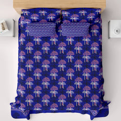 Xara Royal Blue Tree Motif/Grid Pattern Bed Sheet Set - 8679-8680