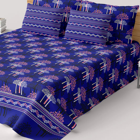 Xara Royal Blue Tree Motif/Grid Pattern Bed Sheet Set - 8679-8680