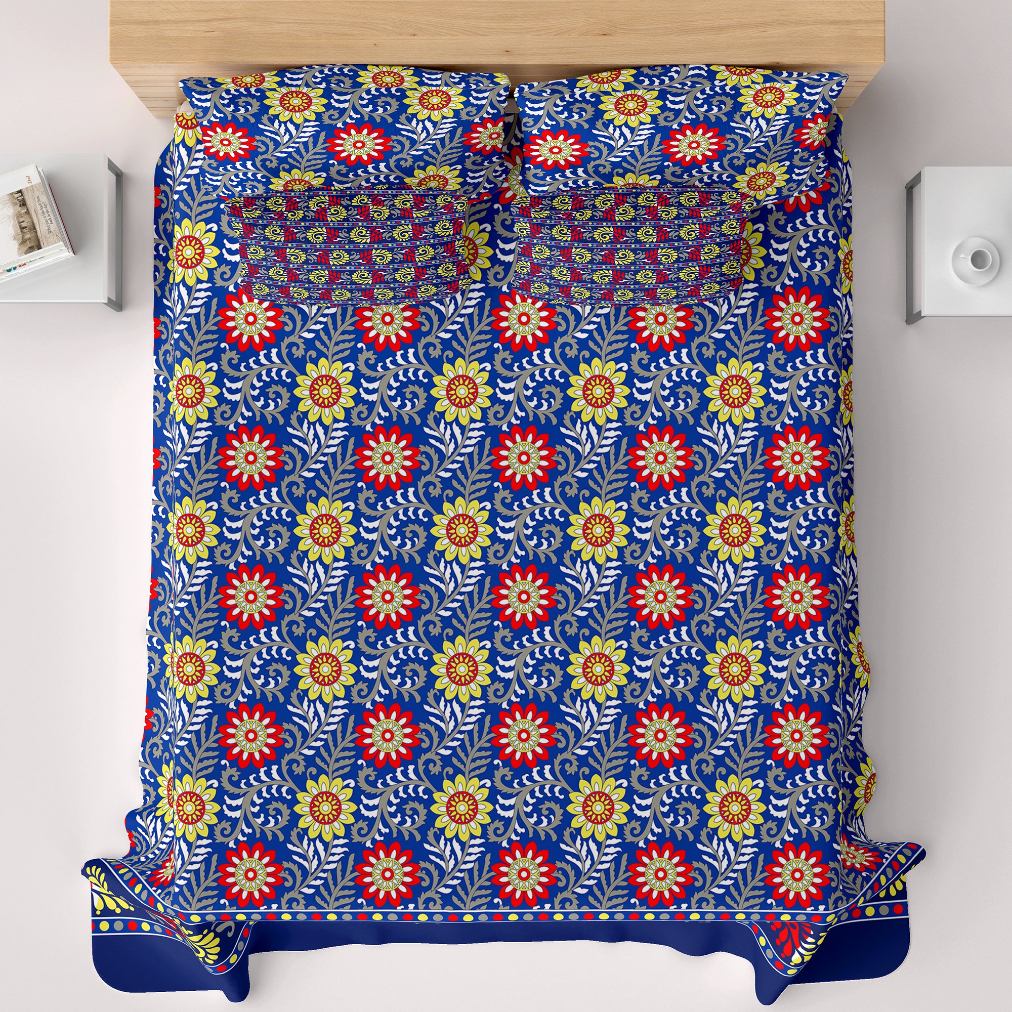 Xara Royal Blue Floral Bed Sheet Set - Xara 8699-8700