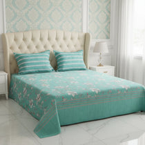 Teal floral bedspread on a bed with matching pillows in a bedroom setting.