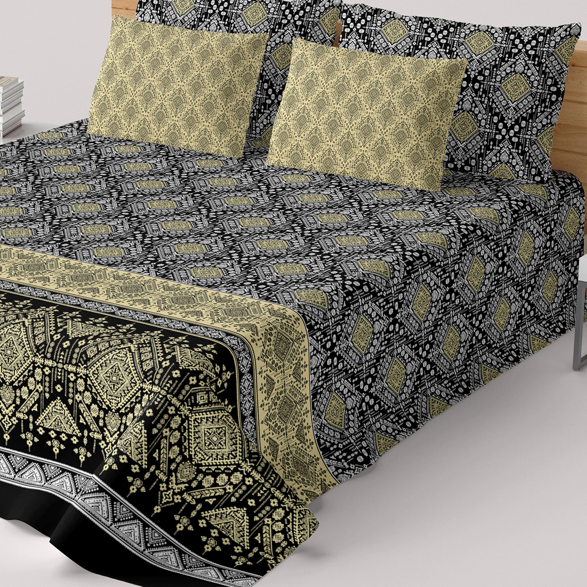 Xara Beige/Black Geometric & Floral Bed Sheet Set - 7200-7201