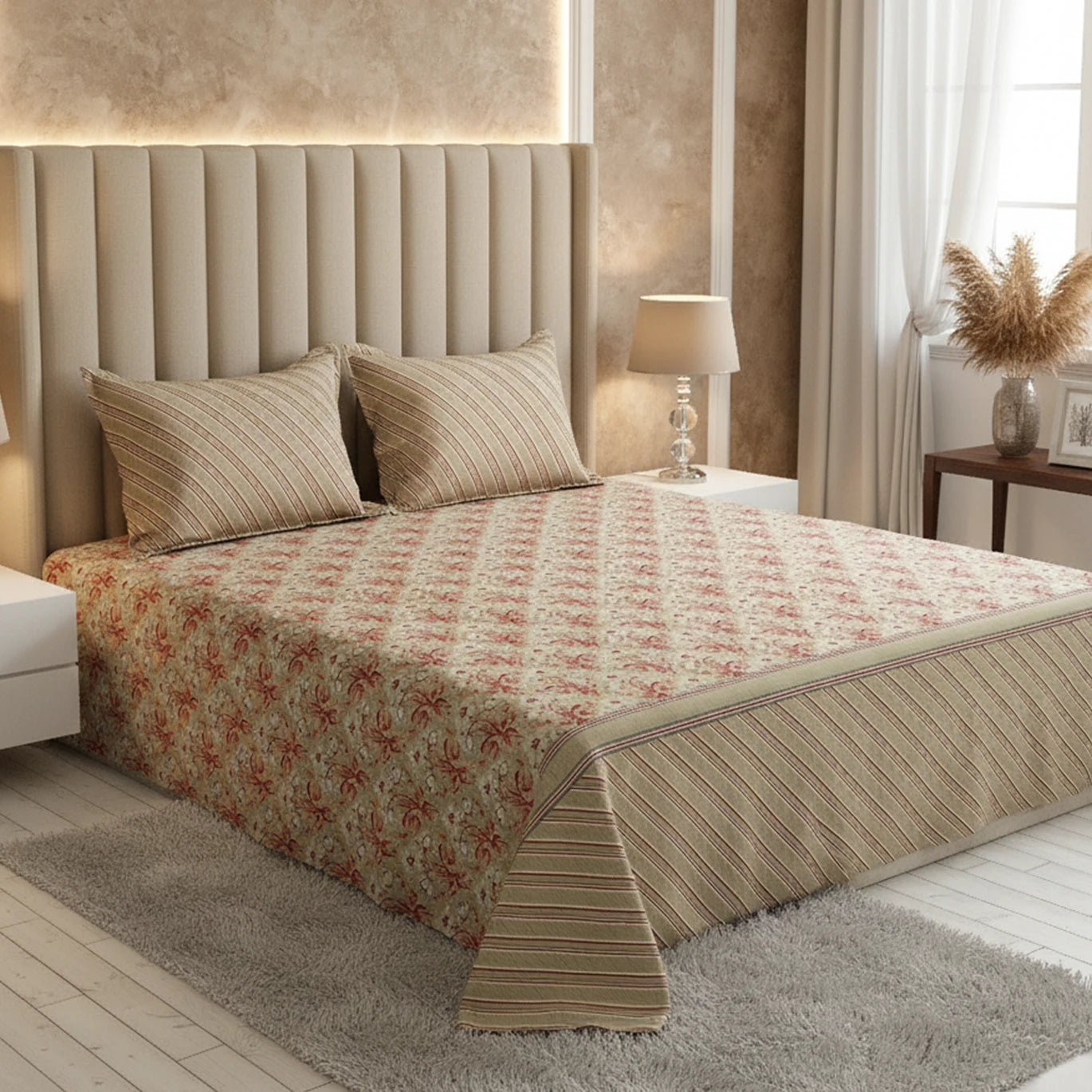Xara Beige Cream Floral Stripes Bed Sheet Set - 8649-8650