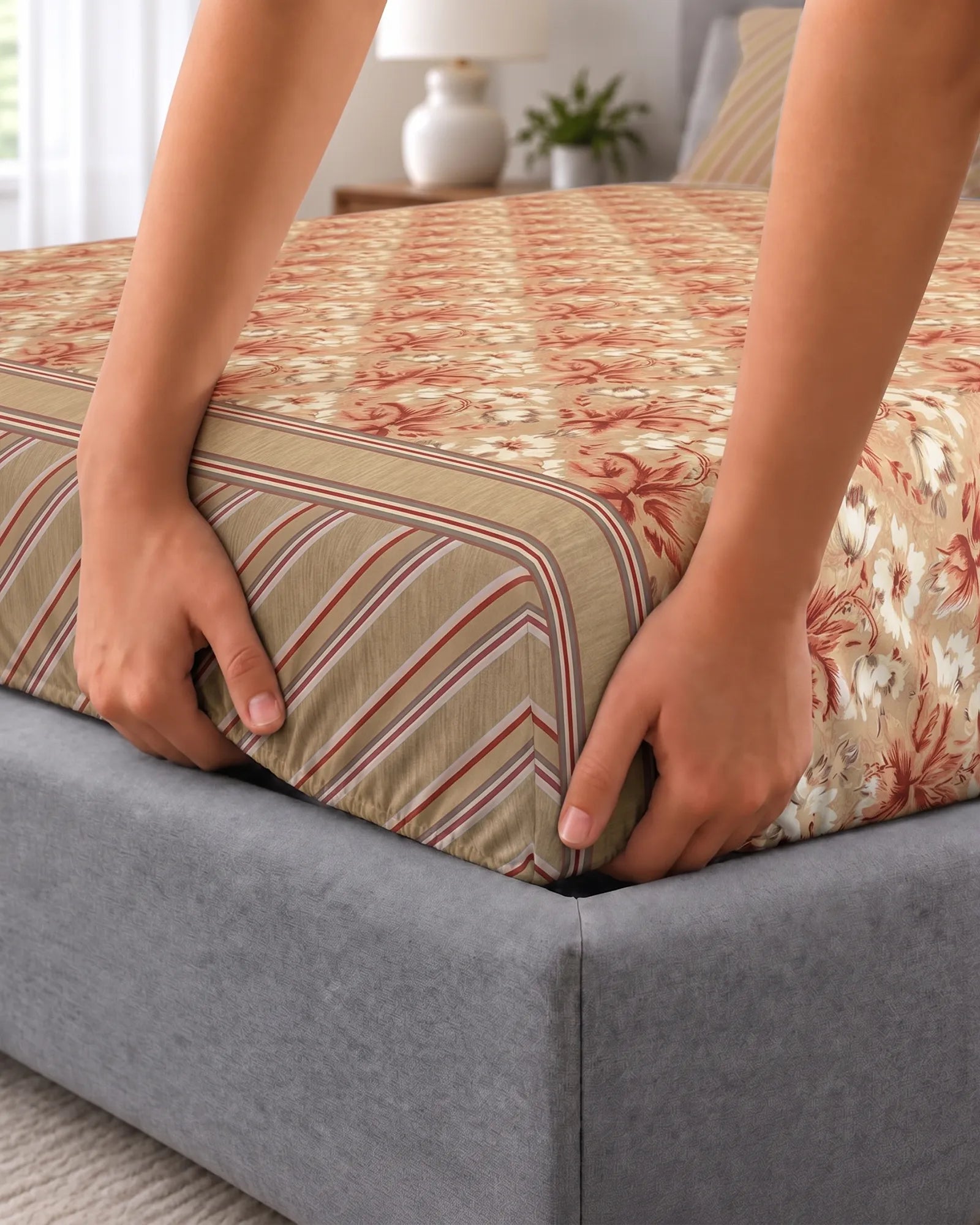 Xara Beige Floral Stripes Fitted Bed Sheet Set Secondary image