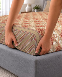 Xara Beige Floral Stripes Fitted Bed Sheet Set