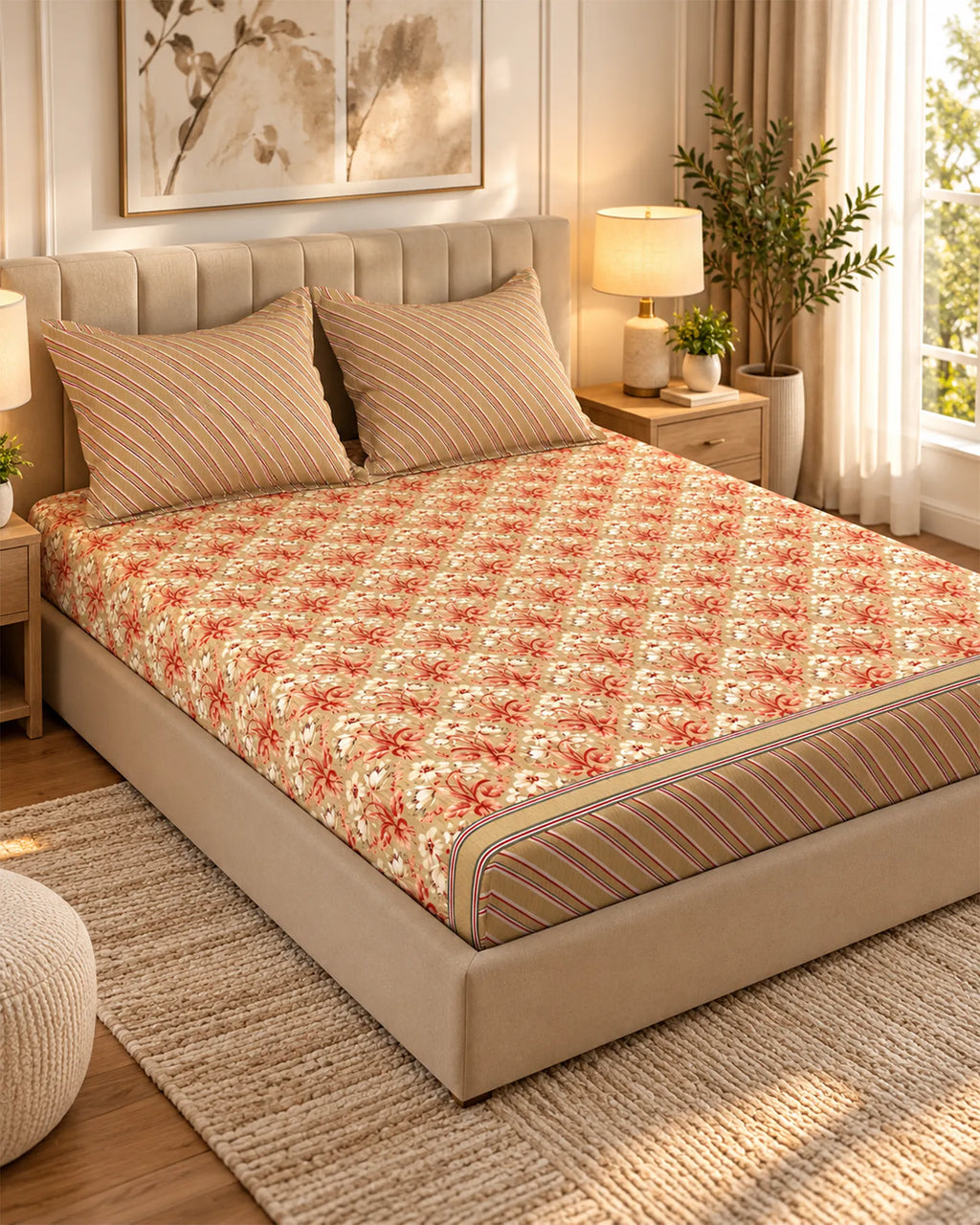 Xara Beige Floral Stripes Fitted Bed Sheet Set