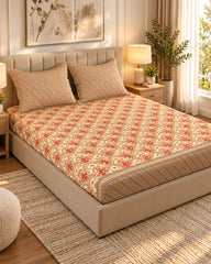 Xara Beige Floral Stripes Fitted Bed Sheet Set