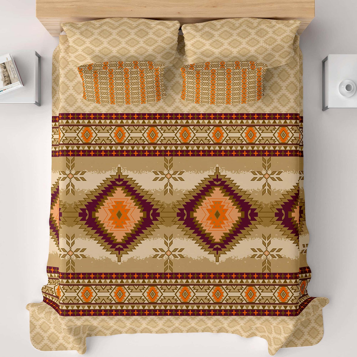 Xara Beige Geometric Grid Bed Sheet Set with Striped Pillows - 7730-7731
