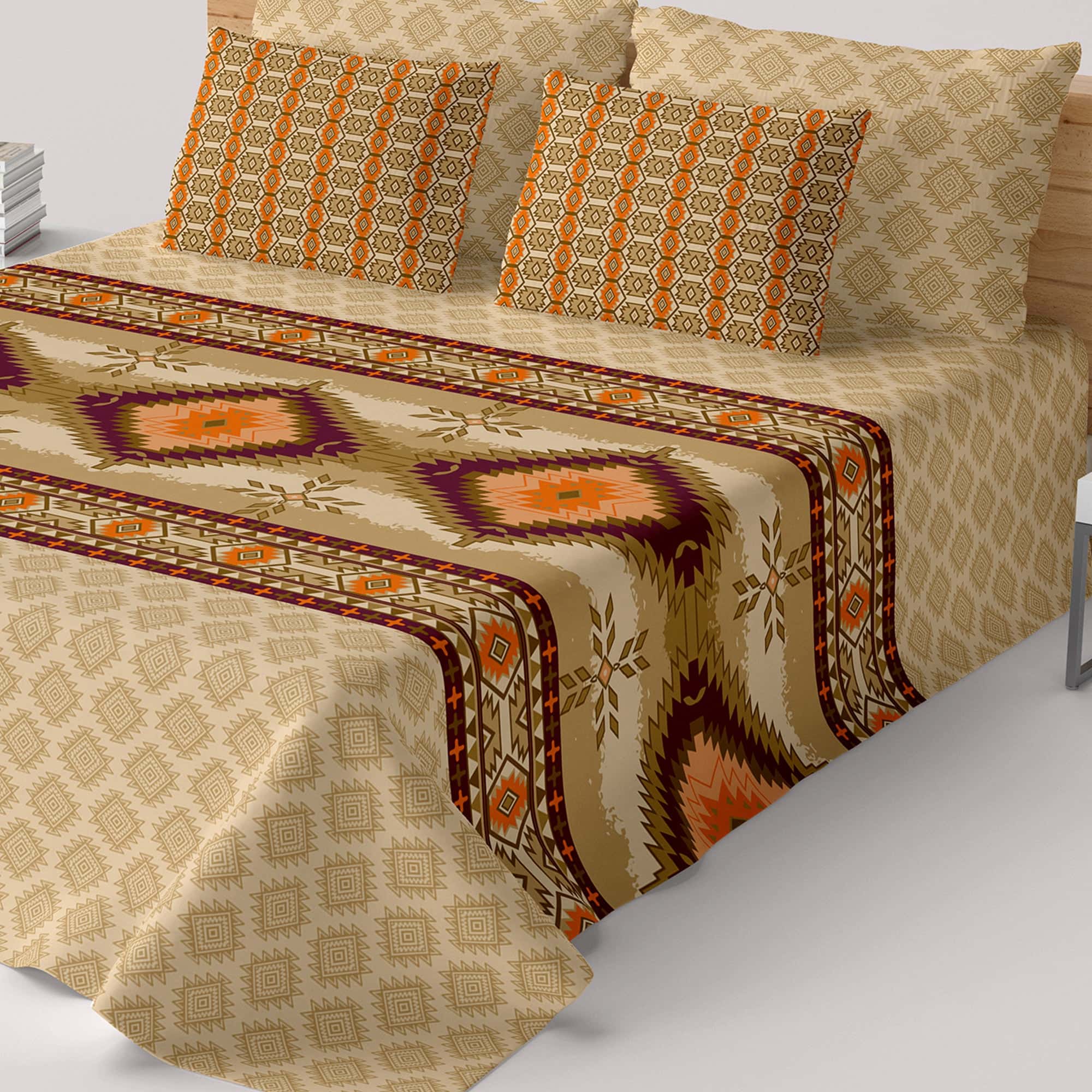 Xara Beige Geometric Grid Bed Sheet Set with Striped Pillows - 7730-7731 Secondary image
