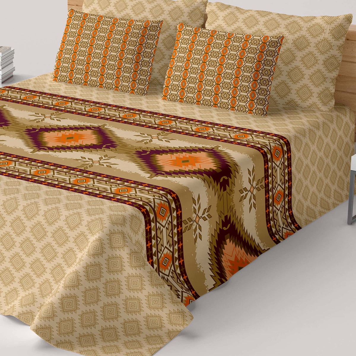 Xara Beige Geometric Grid Bed Sheet Set with Striped Pillows - 7730-7731 Secondary image