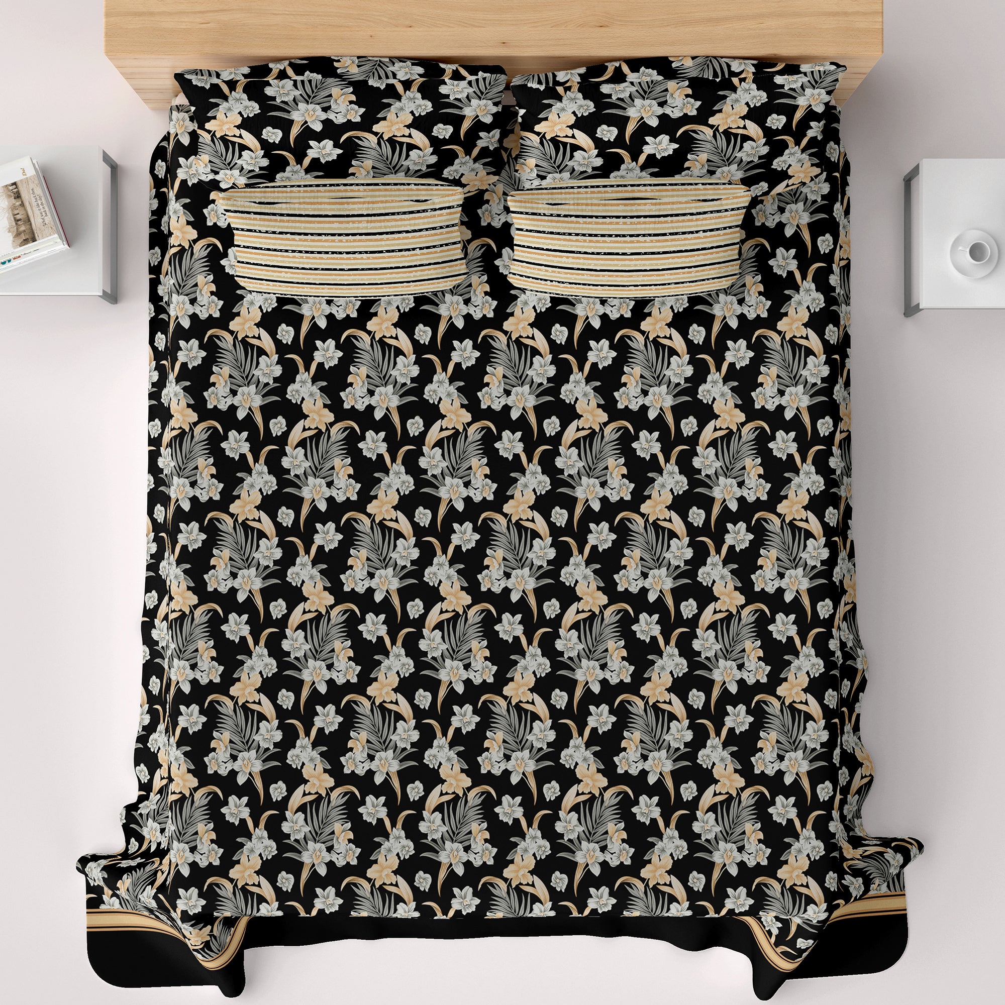 Xara Black Floral Stripe Bed Sheet Set - 8032-8033