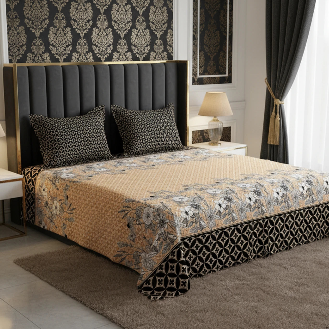 Xara Black Floral Striped Border Bed Sheet Set