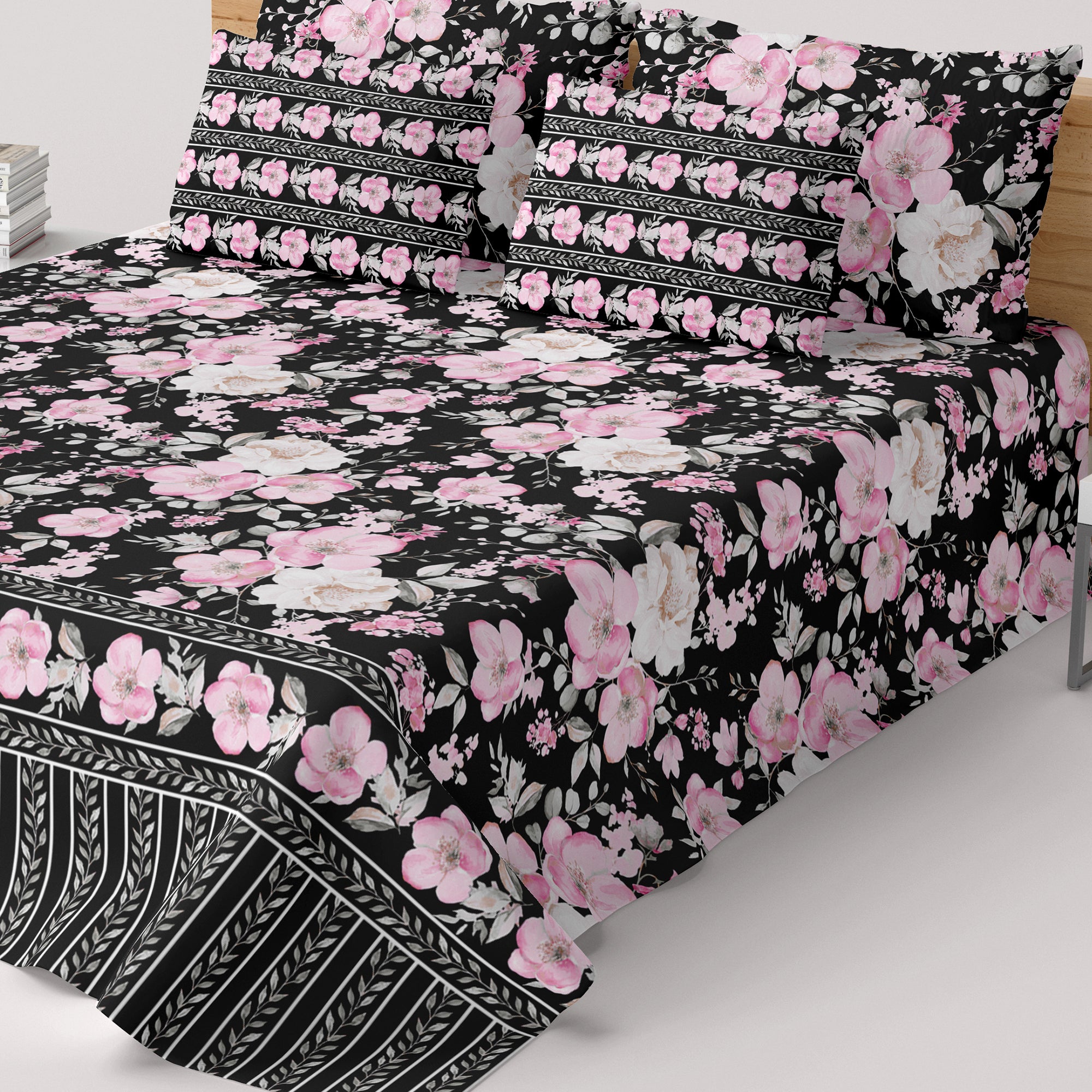 Xara Black/Pink Floral Striped Bed Sheet Set - 8129-8130