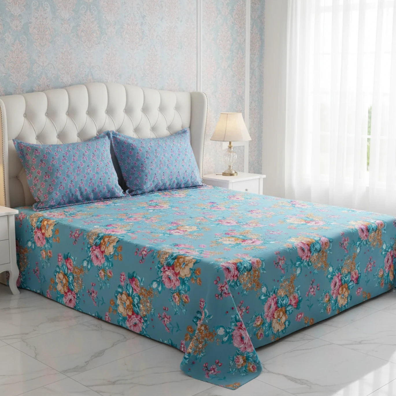 Xara Blue Floral Bed Sheet Set - 8429-30