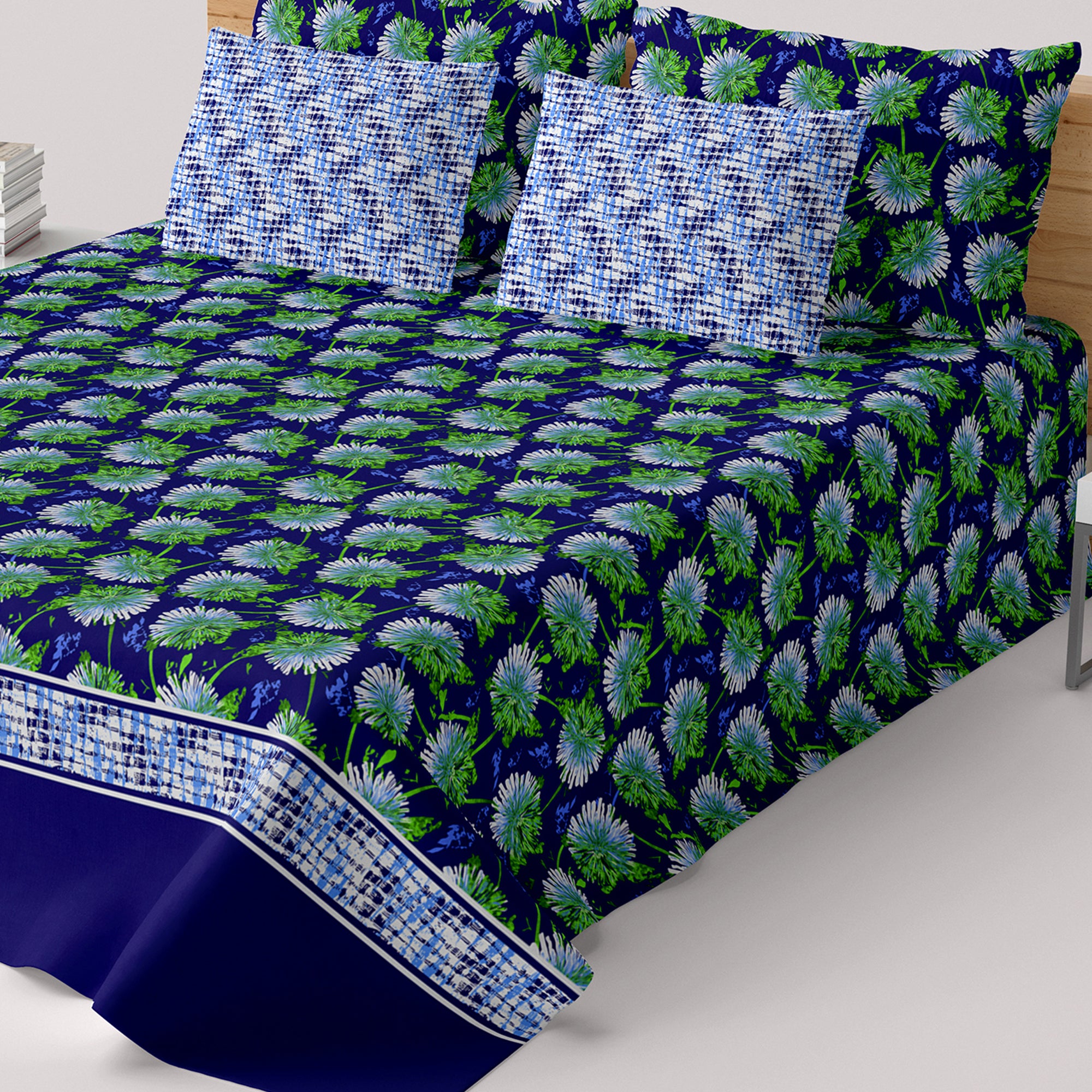 Xara Blue Floral Geometric Border Bed Sheet Set - 7643-7644