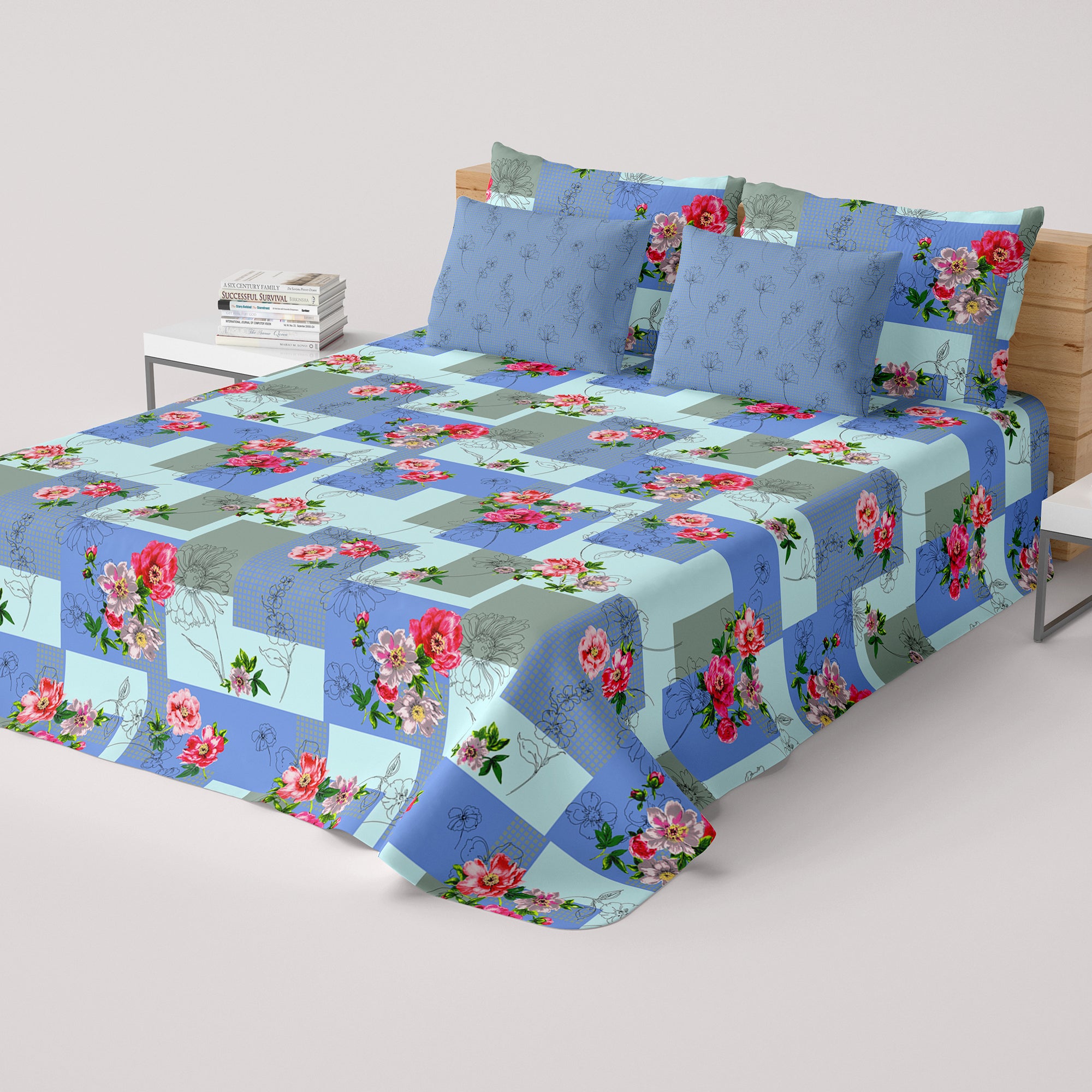 Xara Blue Floral Geometric Grid Bed Sheet Set - 8120-8121