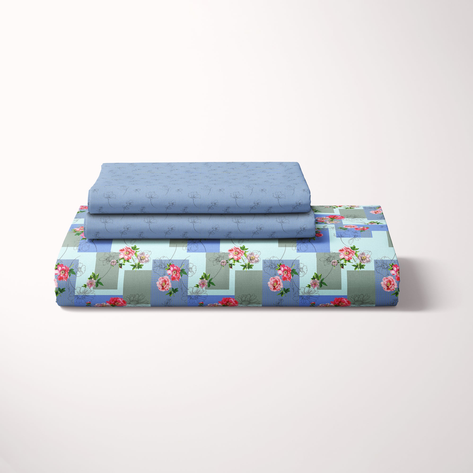 Xara Blue Floral Geometric Grid Bed Sheet Set - 8120-8121