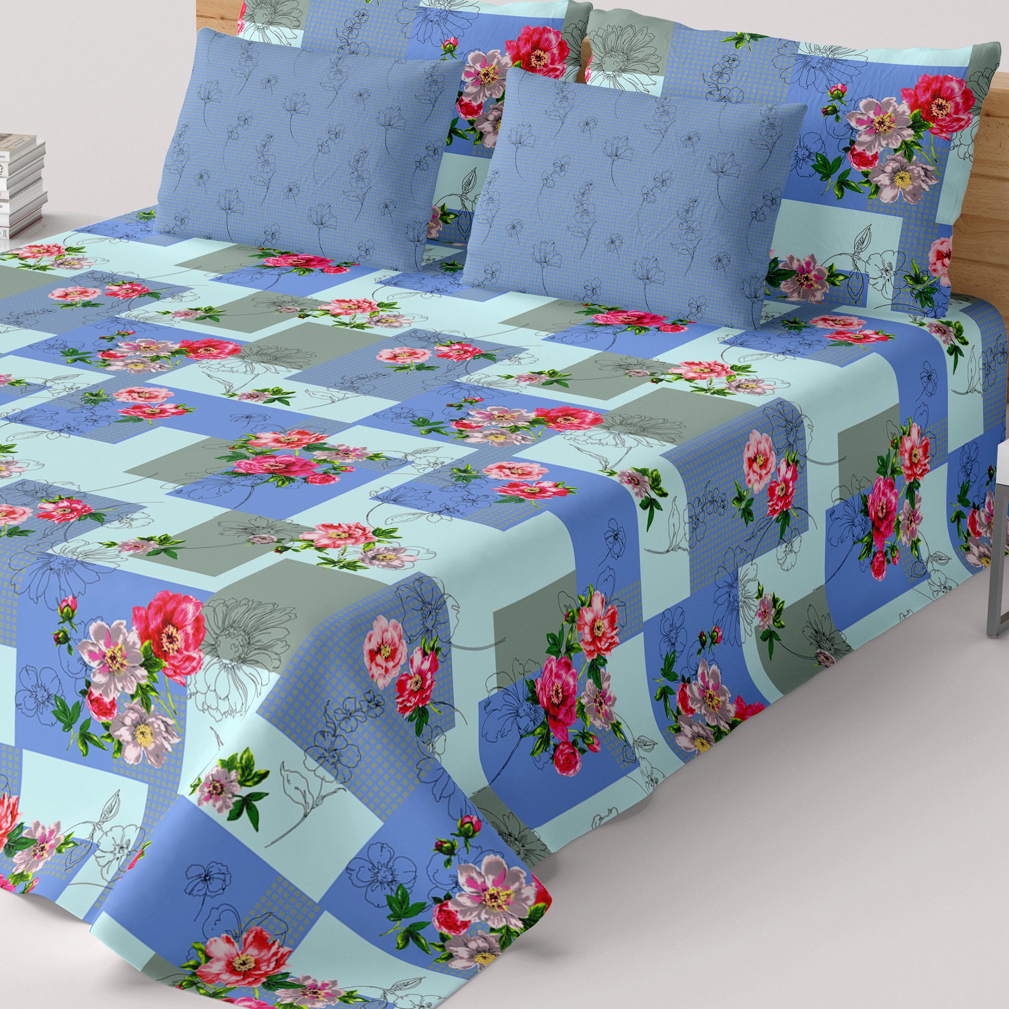 Xara Blue Floral Geometric Grid Bed Sheet Set - 8120-8121