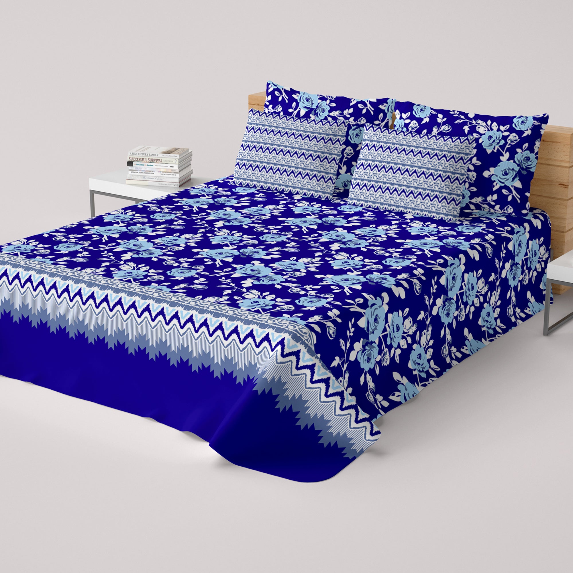 Xara Blue Floral Stripe Bed Sheet Set - 8403-04