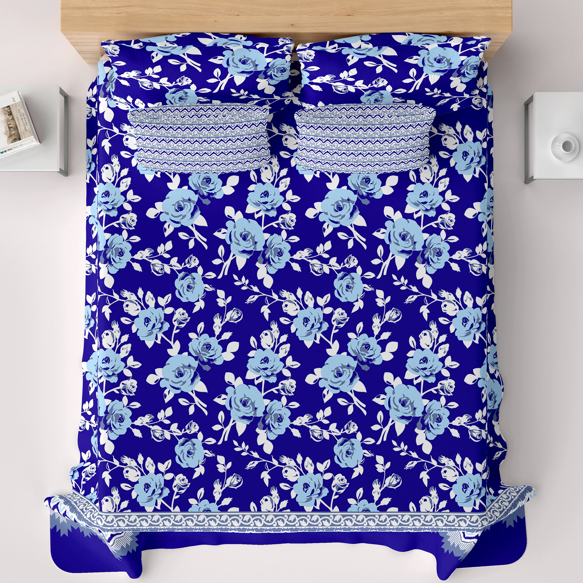 Xara Blue Floral Stripe Bed Sheet Set - 8403-04