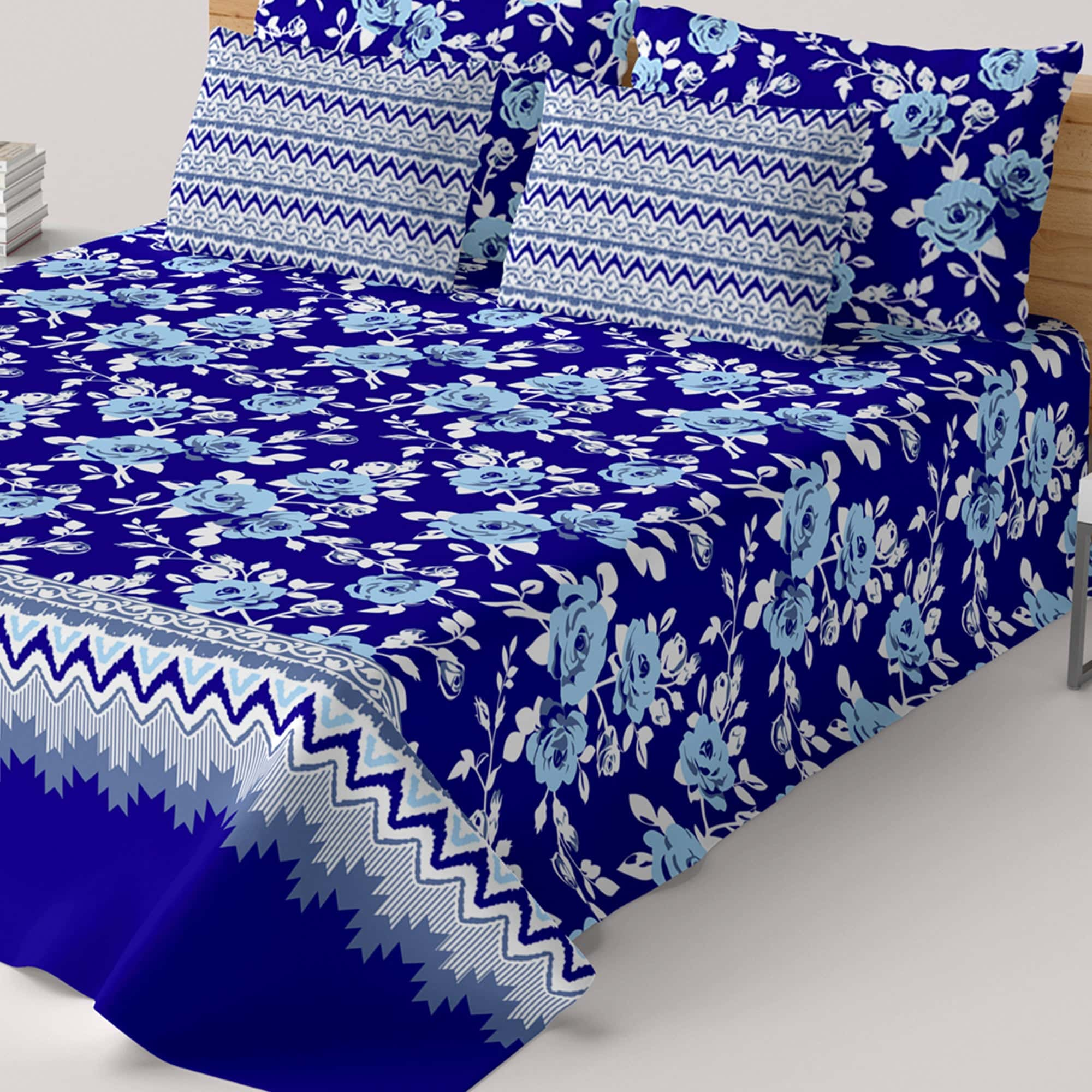 Xara Blue Floral Stripe Bed Sheet Set - 8403-04